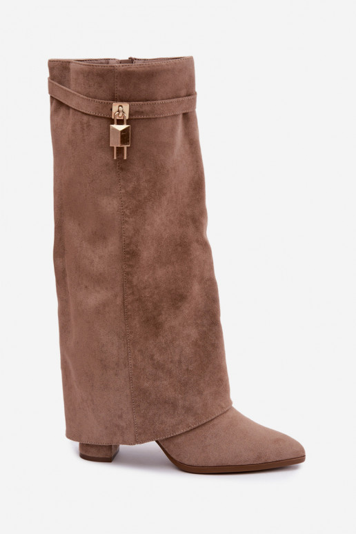 Bottes longues chaudes avec talons et incrustation dorée couleur sable Danessa