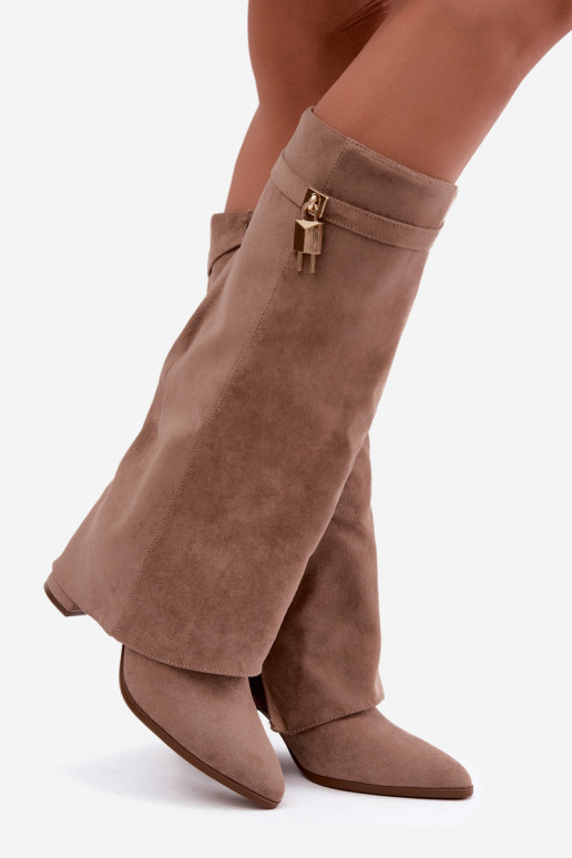 Bottes longues chaudes avec talons et incrustation dorée couleur sable Danessa