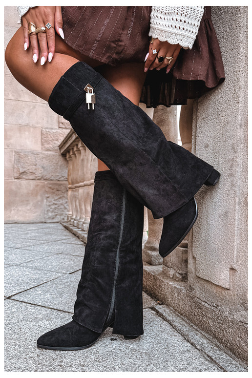 Bottes longues chaudes avec talons et incrustation dorée couleur noire Danessa