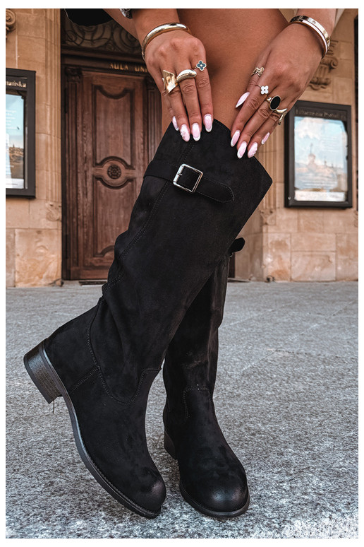 Bottes longues pour femmes avec talons larges et boucles en noir Farela
