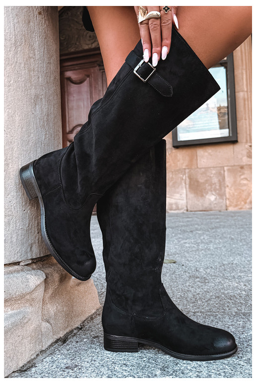 Damen lange Stiefel mit breiten Absätzen und Schnallen in schwarzer Farbe Farela