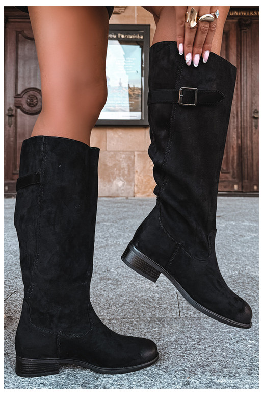 Bottes longues pour femmes avec talons larges et boucles en noir Farela
