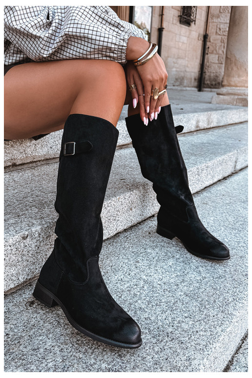 Bottes longues pour femmes avec talons larges et boucles en noir Farela