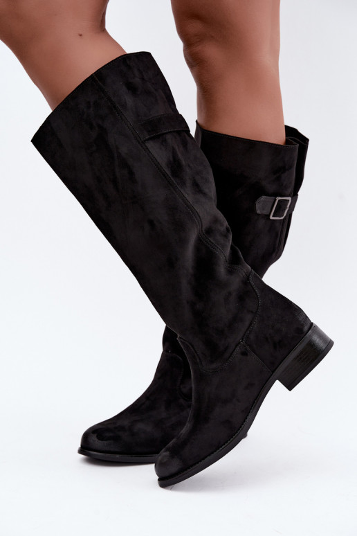 Bottes longues pour femmes avec talons larges et boucles en noir Farela