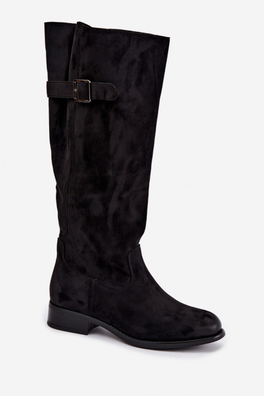Bottes longues pour femmes avec talons larges et boucles en noir Farela