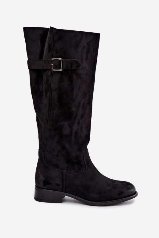 Bottes longues pour femmes avec talons larges et boucles en noir Farela