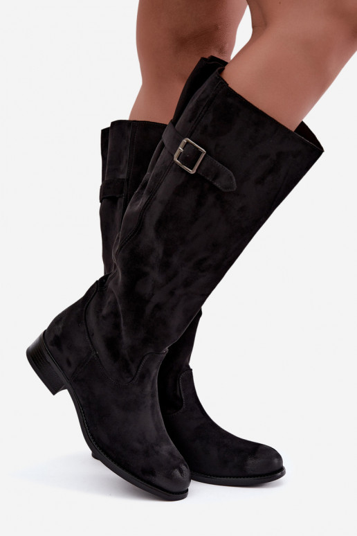 Bottes longues pour femmes avec talons larges et boucles en noir Farela