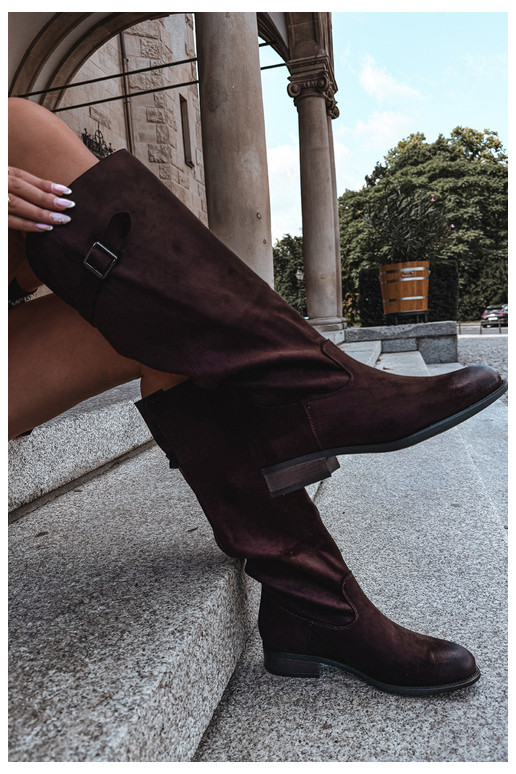 Bottes hautes pour femmes avec larges talons et boucles, brunes Farela