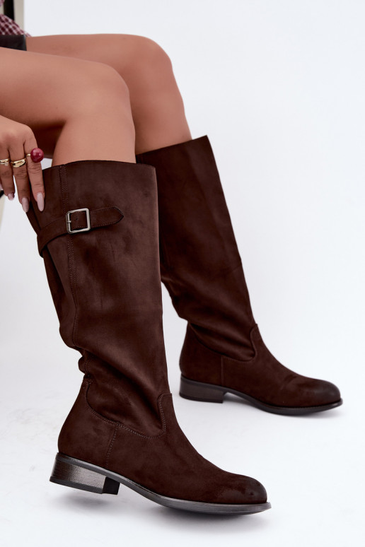 Bottes hautes pour femmes avec larges talons et boucles, brunes Farela