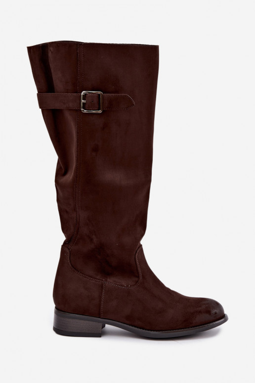 Bottes hautes pour femmes avec larges talons et boucles, brunes Farela