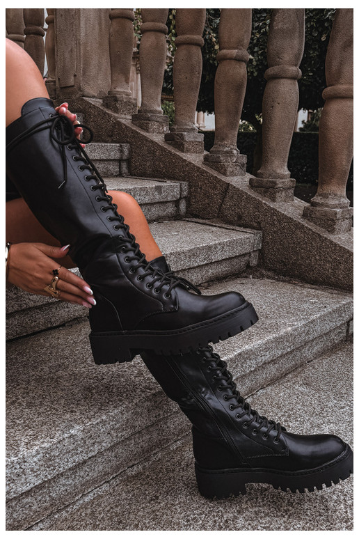 Bottes hautes pour femmes à lacets avec plateforme, noires Jalira