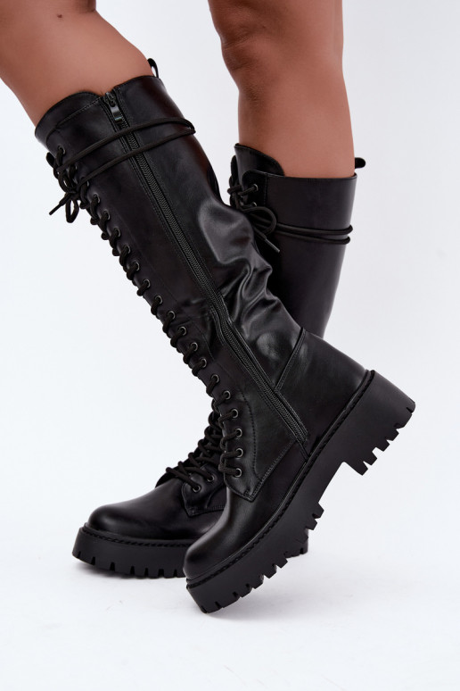 Bottes hautes pour femmes à lacets avec plateforme, noires Jalira