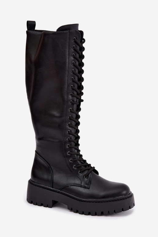 Bottes hautes pour femmes à lacets avec plateforme, noires Jalira