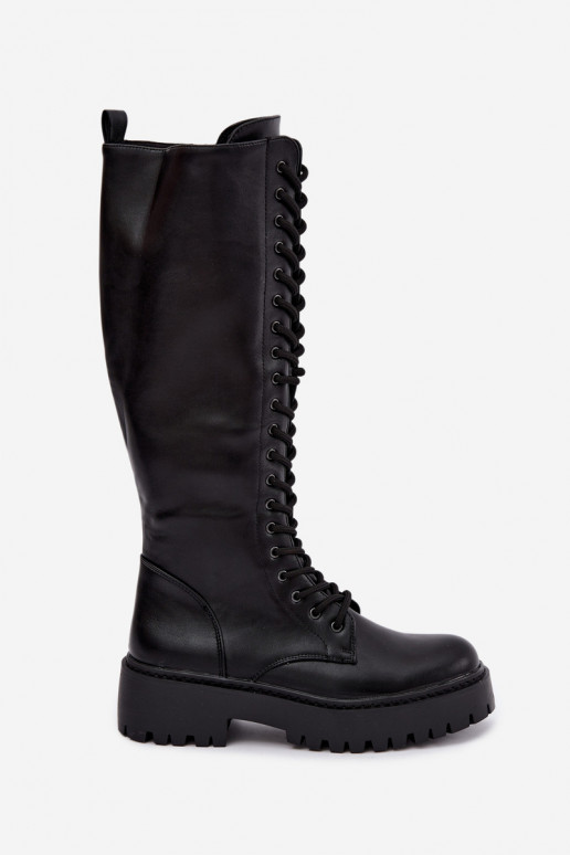 Bottes hautes pour femmes à lacets avec plateforme, noires Jalira