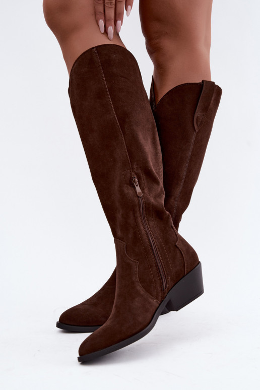 Bottes longues en faux daim de style cowboy en marron Medira