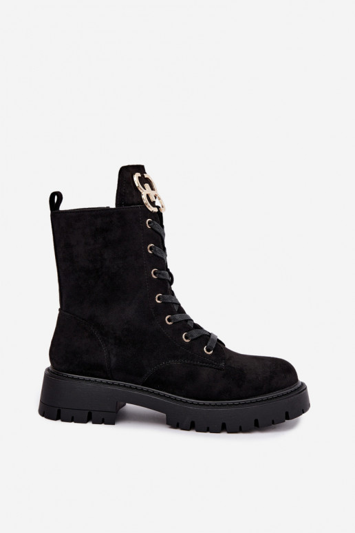 Warme dames enkellaarsjes met suede ornamenten, zwart Falira