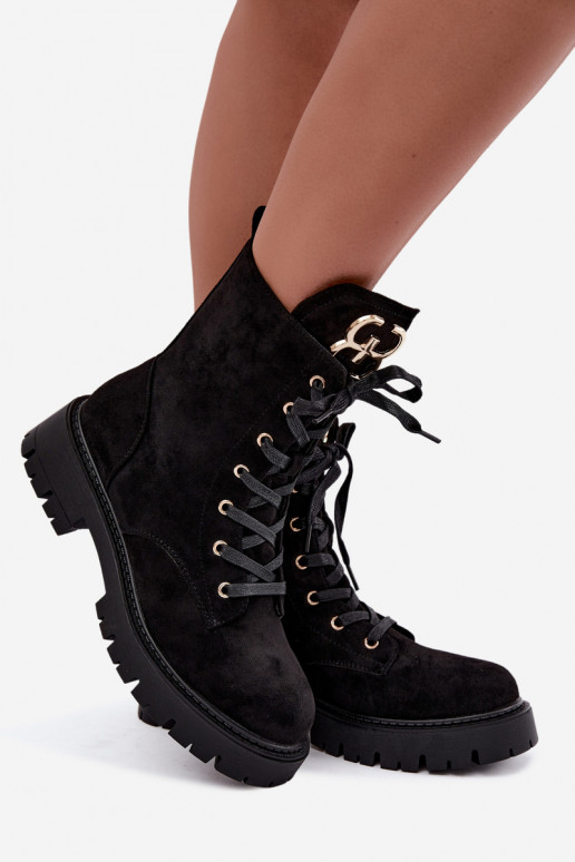 Warme dames enkellaarsjes met suede ornamenten, zwart Falira