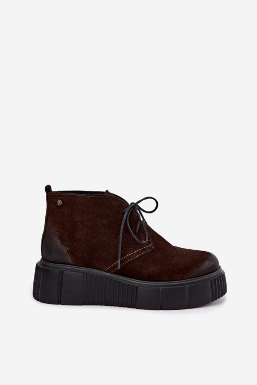 Chaussures pour femmes en cuir en faux daim chauffées avec plateforme en marron Zazoo 60588