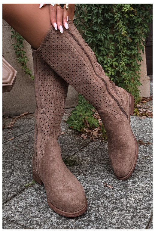 Lange Stiefel mit Ausschnittschaft und breiten Absätzen S.Barski HY62-8144 sand