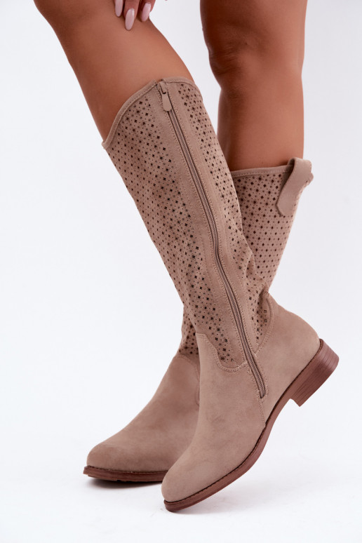 Bottes longues avec tige ajourée et talons larges S.Barski HY62-8144 sable