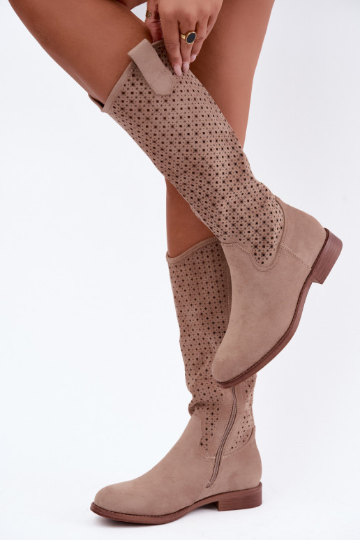 Bottes longues avec tige ajourée et talons larges S.Barski HY62-8144 sable