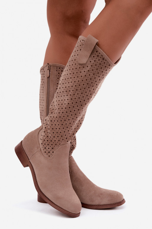 Bottes longues avec tige ajourée et talons larges S.Barski HY62-8144 sable