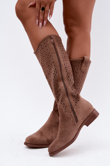 Bottes longues avec tige ajourée et talons larges S.Barski HY62-8144 marron 2