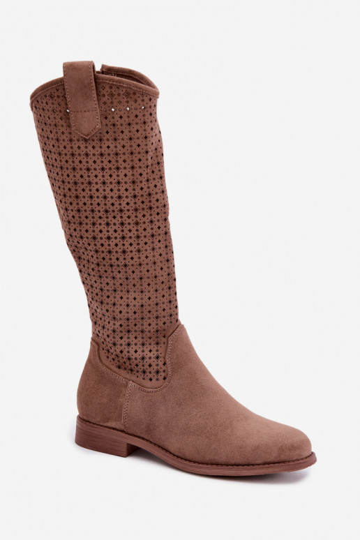 Bottes longues avec tige ajourée et talons larges S.Barski HY62-8144 marron