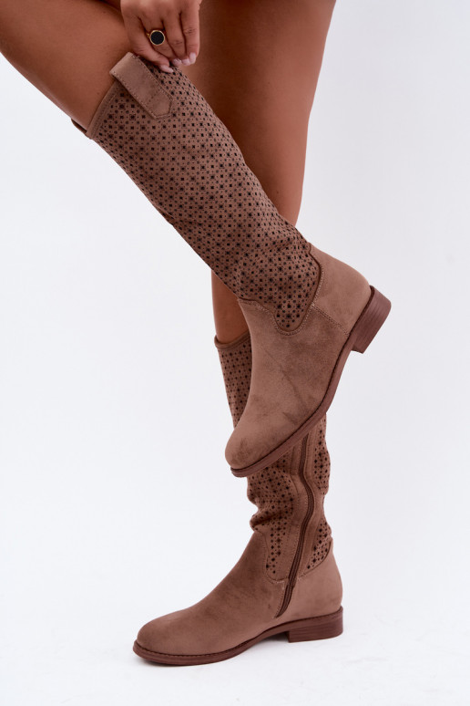 Bottes longues avec tige ajourée et talons larges S.Barski HY62-8144 marron