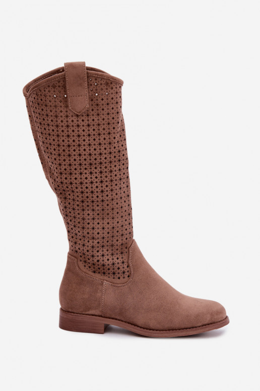 Bottes longues avec tige ajourée et talons larges S.Barski HY62-8144 marron