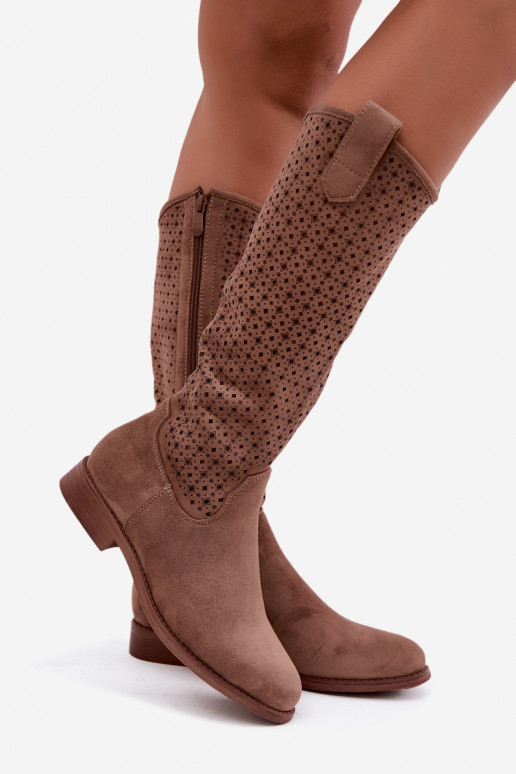 Bottes longues avec tige ajourée et talons larges S.Barski HY62-8144 marron