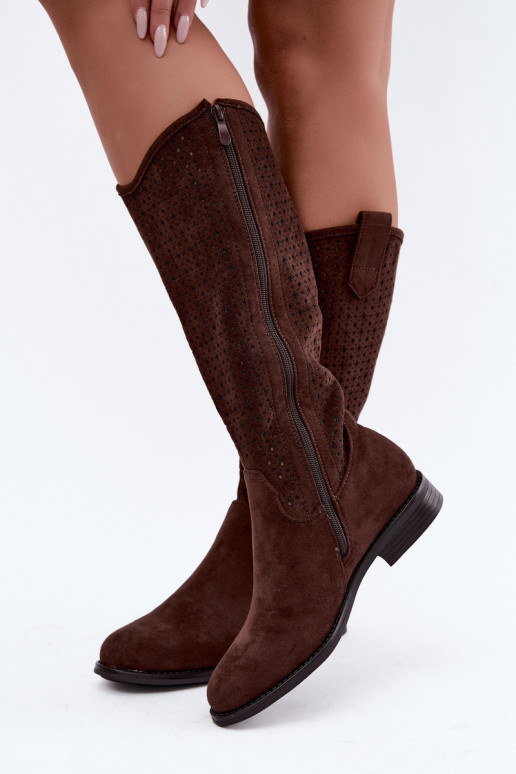Bottes hautes avec design découpé et larges talons, brunes