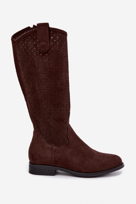 Bottes hautes avec design découpé et larges talons, brunes