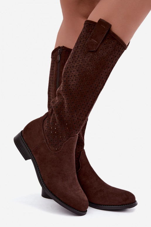 Bottes hautes avec design découpé et larges talons, brunes