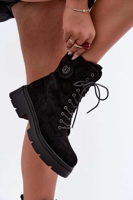 Warme schwarze Damen Stiefeletten aus Kunstveloursleder Livela