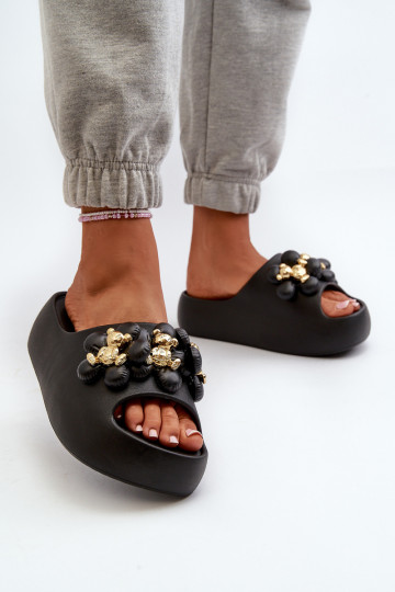 Dames lichte slippers met mooie details op dikke zool in zwart Bremavia