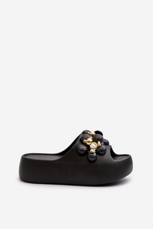 Dames lichte slippers met mooie details op dikke zool in zwart Bremavia