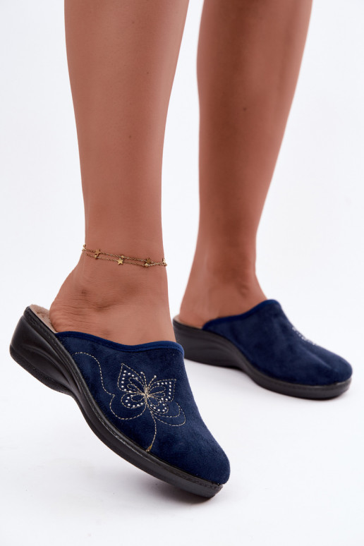 Donkerblauwe dameslippers met geborduurde vlinders Inblu LY000119