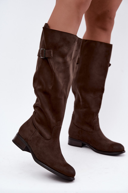 Bottes hautes kaki pour femmes avec larges talons et boucles Farela