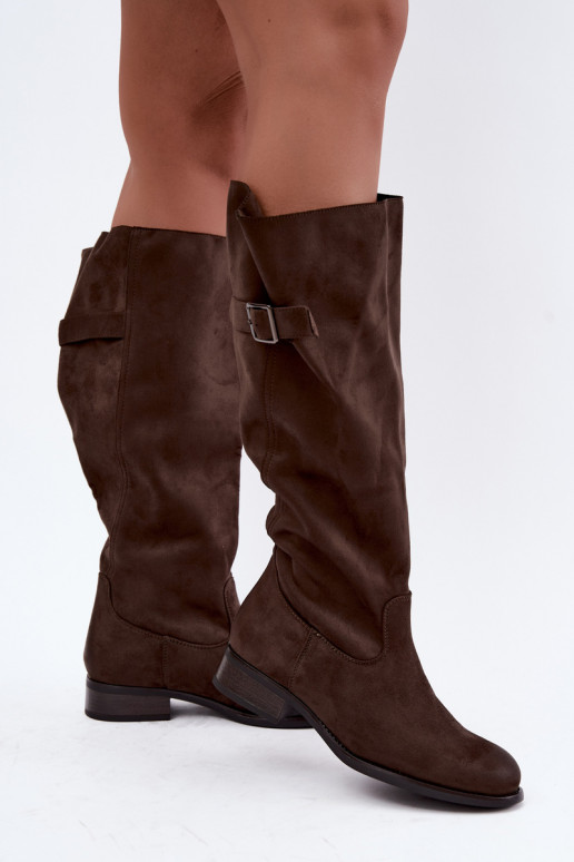 Khaki Damen-Stiefel mit breiten Absätzen und Schnallen Farela