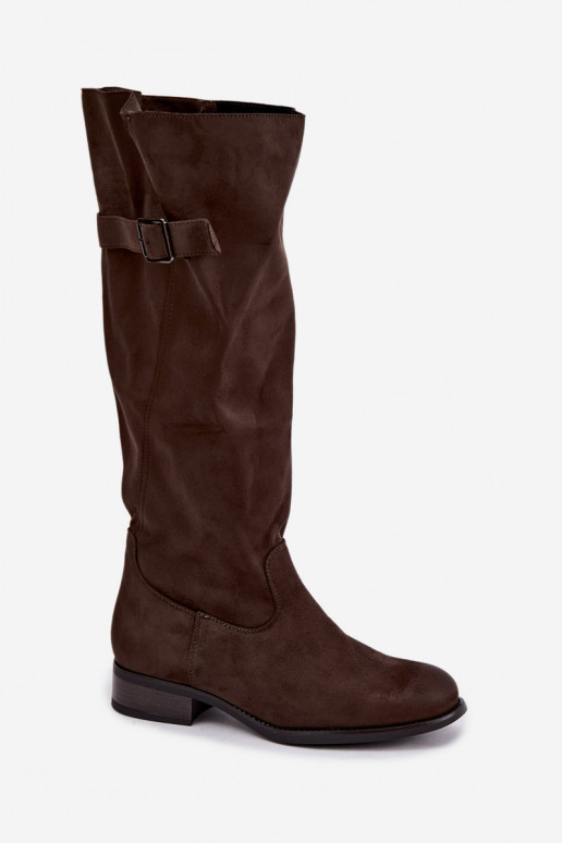 Bottes hautes kaki pour femmes avec larges talons et boucles Farela