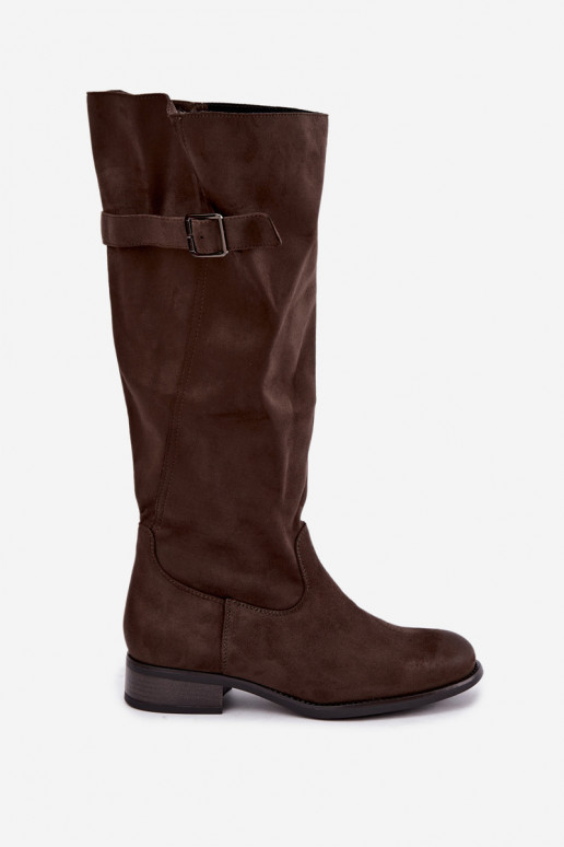 Bottes hautes kaki pour femmes avec larges talons et boucles Farela