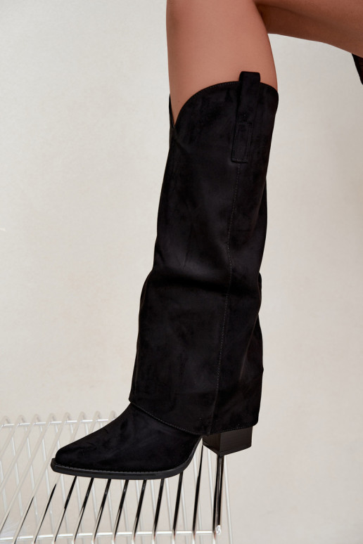 Gefütterte kniehohe Cowboy-Stiefel mit Absätzen und angenähtem Kragen in Schwarz Julena