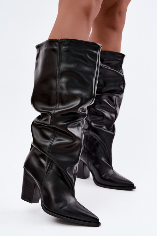 Bottes hautes à enfiler avec talons et volants en simili cuir noir Jensy