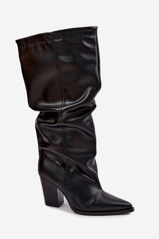 Bottes hautes à enfiler avec talons et volants en simili cuir noir Jensy