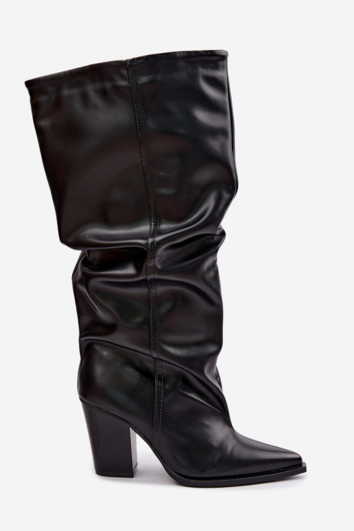 Bottes hautes à enfiler avec talons et volants en simili cuir noir Jensy