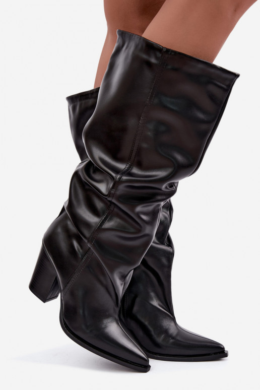Bottes hautes à enfiler avec talons et volants en simili cuir noir Jensy