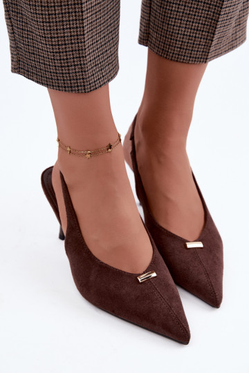 Offene Fersen Schuhe mit goldenen Details und dünnen Absätzen in Schokoladenfarbe Renisa