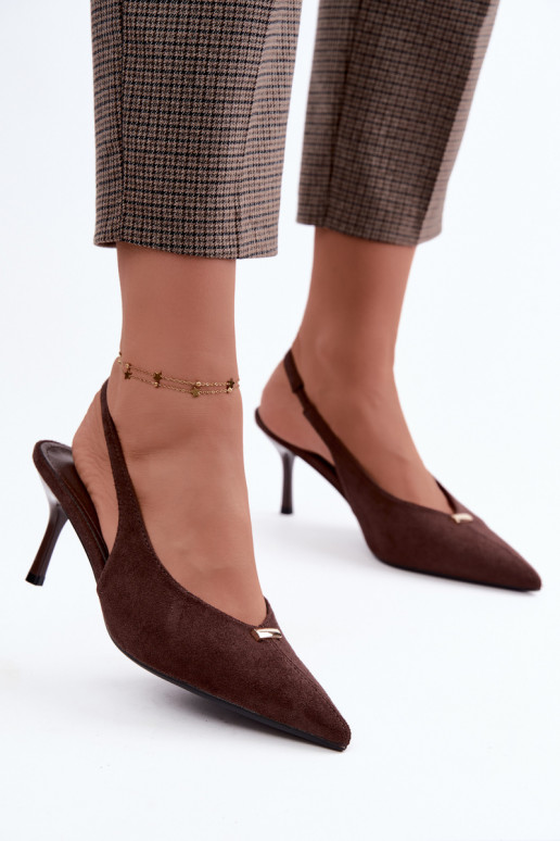 Chaussures à talon ouvert avec détails dorés et talons fins en couleur chocolat Renisa