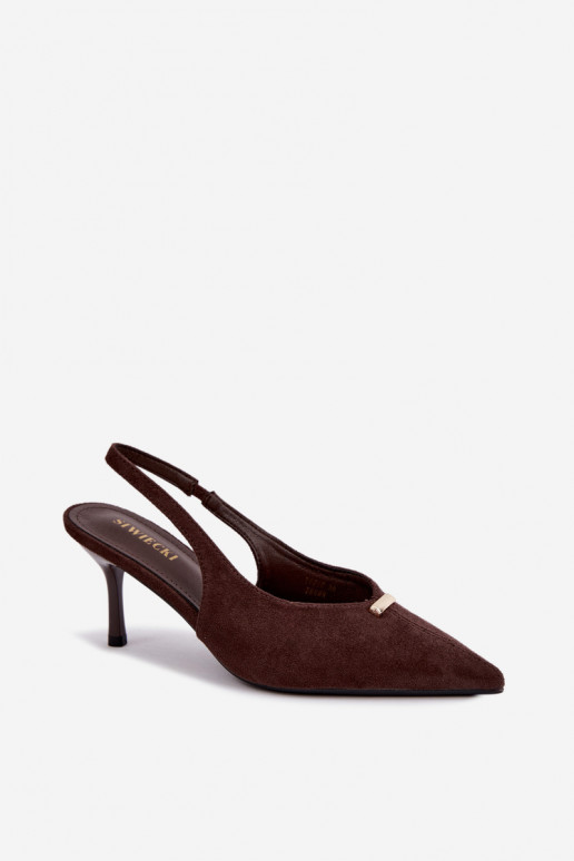 Offene Fersen Schuhe mit goldenen Details und dünnen Absätzen in Schokoladenfarbe Renisa